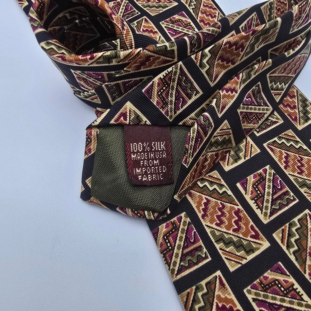 Chaps Ralph Lauren Mens Silk Tie Geometric Tribal Pattern Black Gold Burgundy
